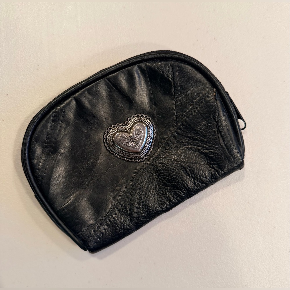 Black Heart-Accent Leather Cosmetic Pouch
